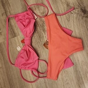 Pink Bow Bandeau Top & Coral Bikini Bottoms - Women's Two-Piece Swim Set